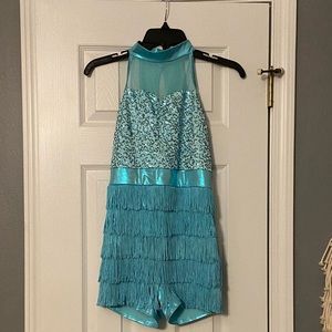 Blue with sequins and fringe.